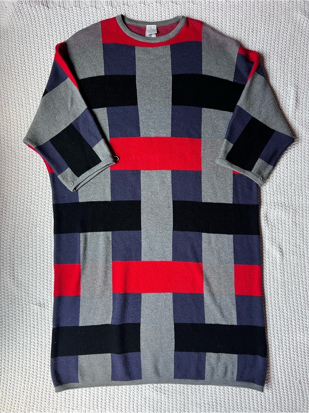 Vintage Marimekko Wool Finland Color Block Dolman Sleeve Midi Dress Sz Medium
